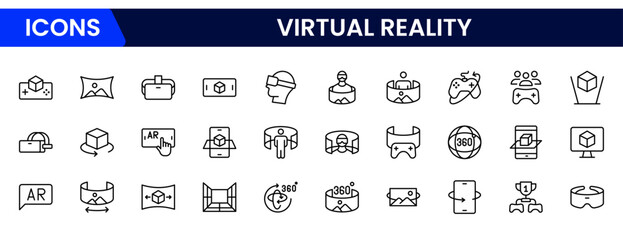 Virtual reality icon set. It contains VR, augmented reality, headset, immersive, mixed reality, AR, 360-degree, and more. Solid vector icons collection.