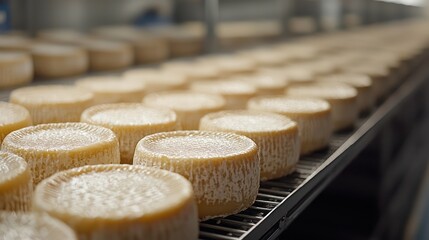 A row of cheese wheels aging on shelves in a production facility.