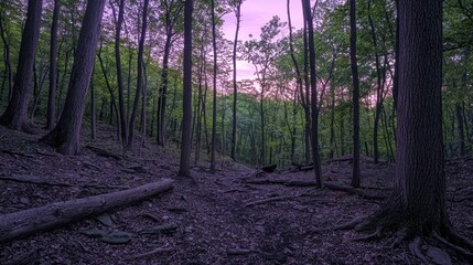 Fototapeta premium Serene twilight in a lush forest with a trail.