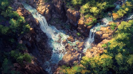 Serene Waterfall in Lush Forest: A Digital Painting
