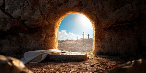 Empty tomb with shroud and three crosses at sunrise symbolizing resurrection