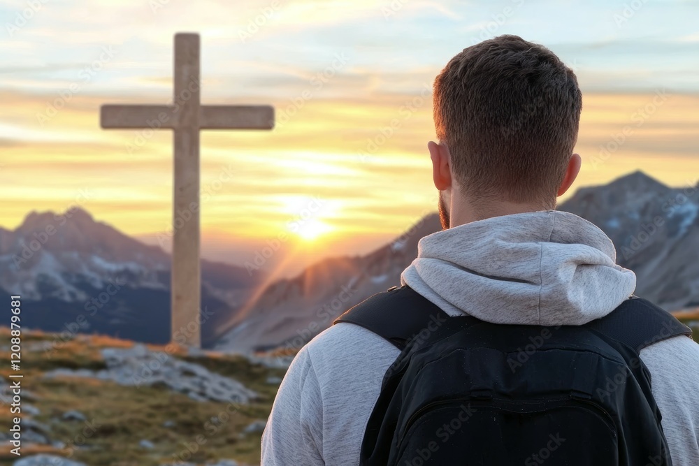 Poster man is standing on a mountain with a backpack and looking at a cross