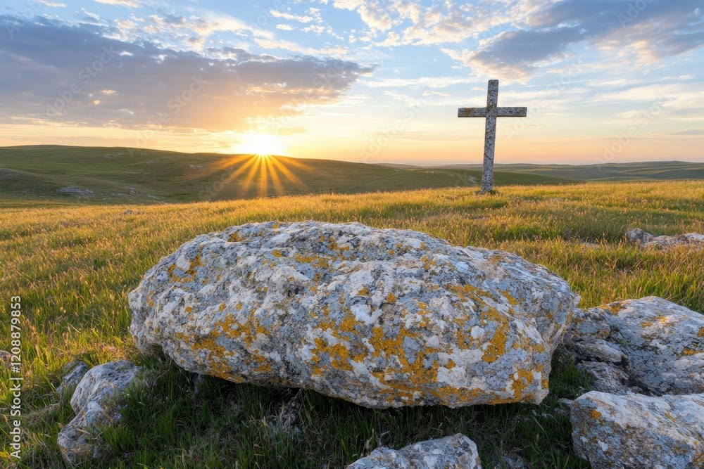 Poster large rock sits in a field with a cross on top of it