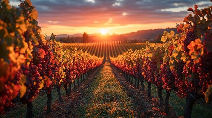 Naklejka premium Golden Hour at the Vineyard Row: Sun Setting Over a Lush Grape Harvest Field