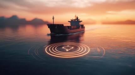 Cargo ship at a port with AIassisted tracking systems, hightech logistics solutions, secure freight management