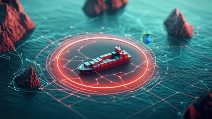 Cargo ship at a port with AIassisted tracking systems, hightech logistics solutions, secure freight management
