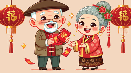 A cheerful elderly man and woman in traditional attire, handing out red envelopes (Hongbao)