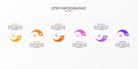 Fototapeta premium Infographic template. 6 Step timeline journey, Flat simple infographics design template. Presentation graph. Business concept with icon 6 options or steps. Background vector illustration.