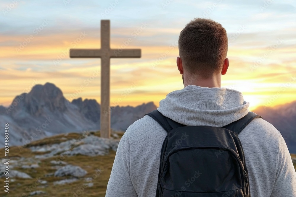 Poster man is standing on a mountain with a backpack and looking at a cross