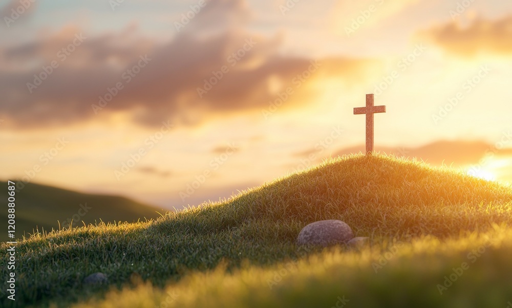 Aufkleber cross is on a hill in a field with a sunset in the background
