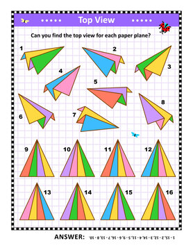 Math visual puzzle or picture riddle with colorful paper planes: Can you find the top view for each paper plane? Answer included.

