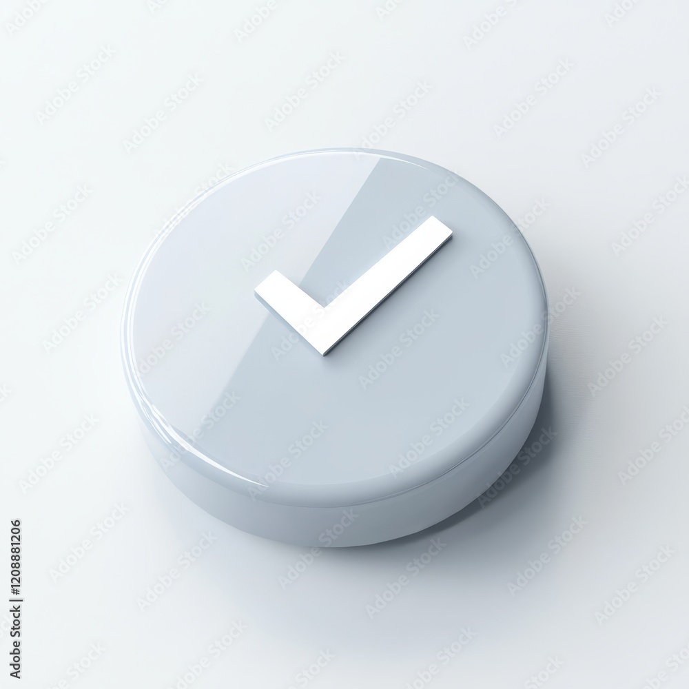 Poster glossy white button with checkmark symbol on a light surface