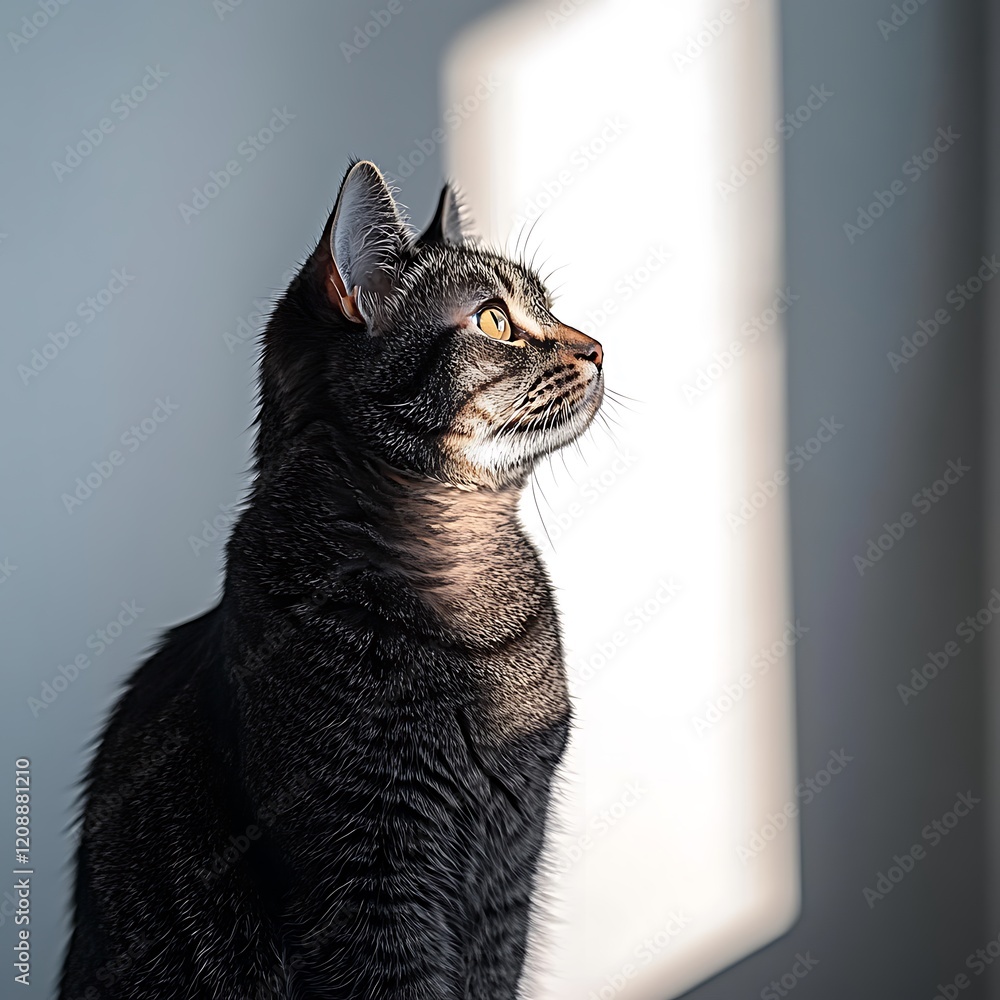 Wall mural Tabby cat sitting, illuminated by sunlight, looking up.