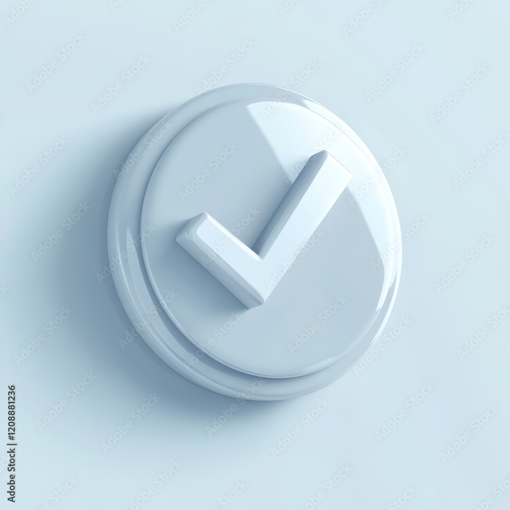Poster glossy 3d check mark icon on light background for confirmation