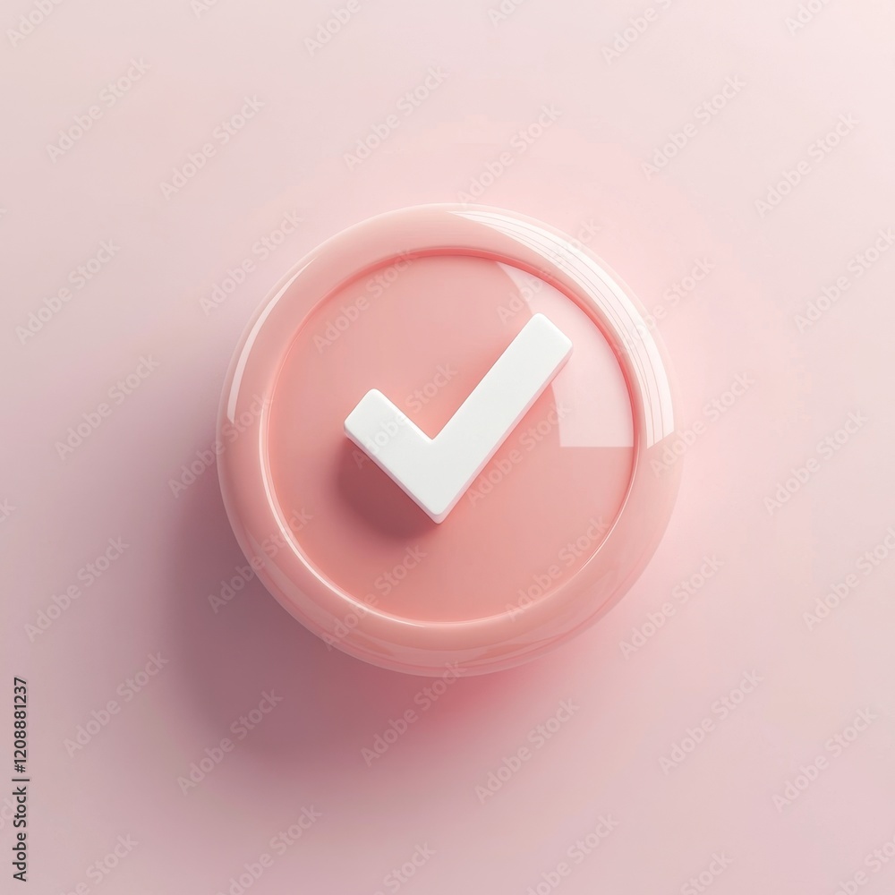 Poster pink circular button with white check mark on soft background