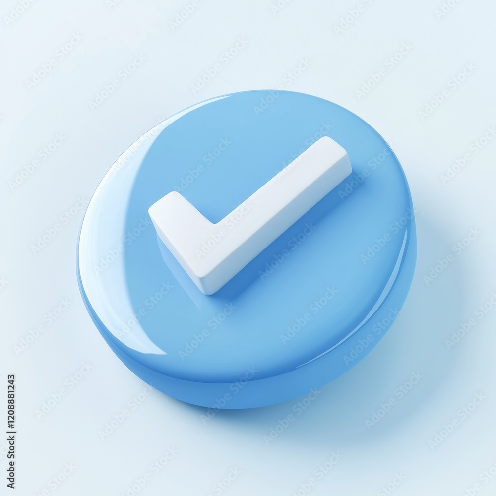 Poster blue circular button featuring a white check mark on a light background