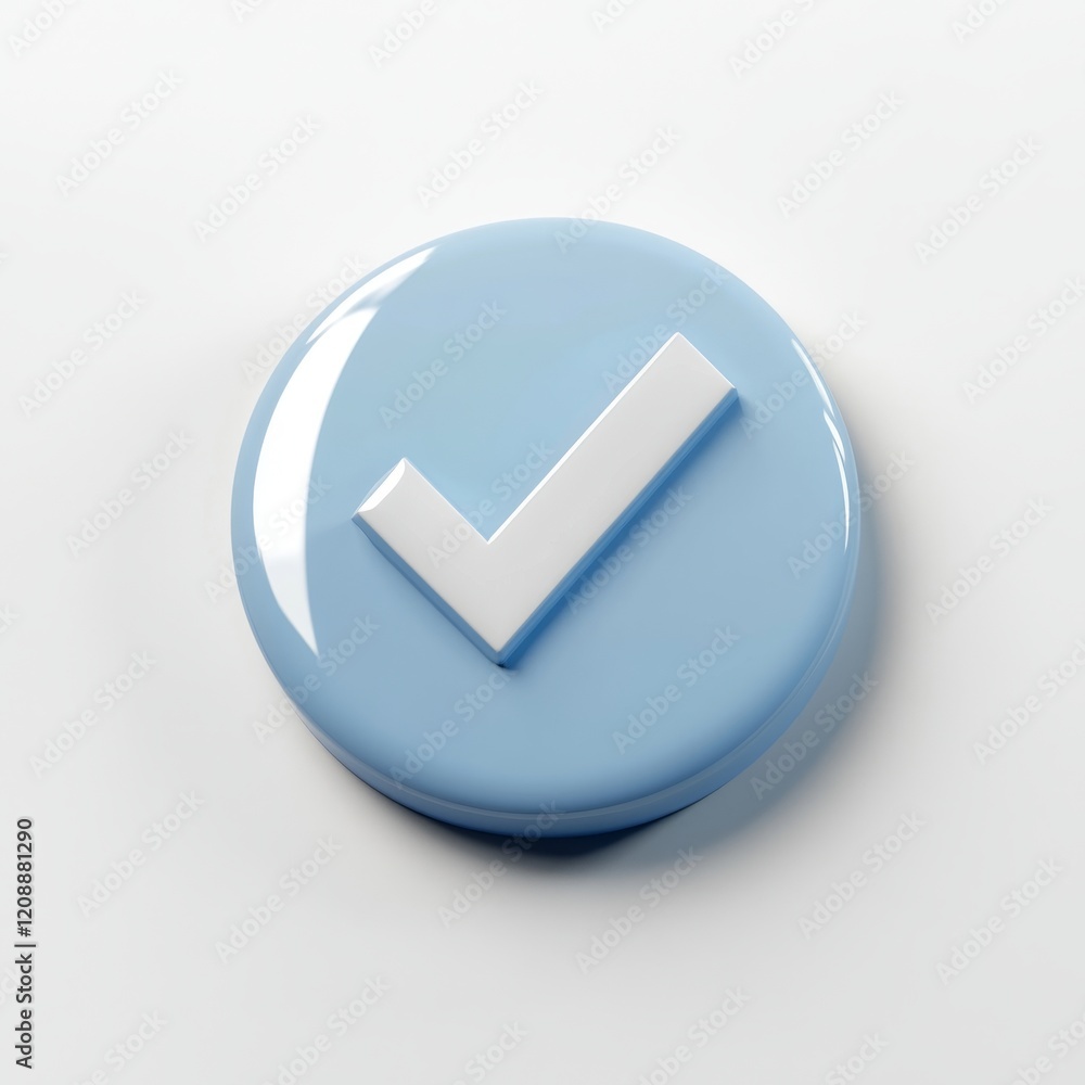 Poster blue circular button with white check mark on light background