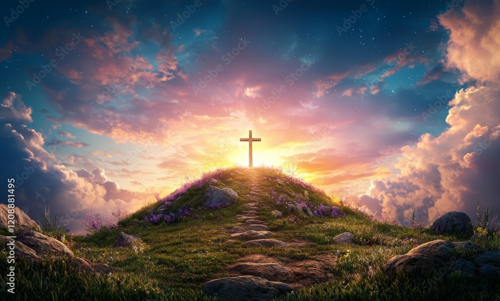 Poster cross is on top of a hill in a field with a sunset in the background