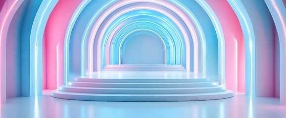 Fototapeta premium Pastel pink and blue neon archway with platform.