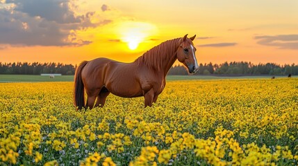 A horse stands majestically in a field of yellow flowers at sunset.