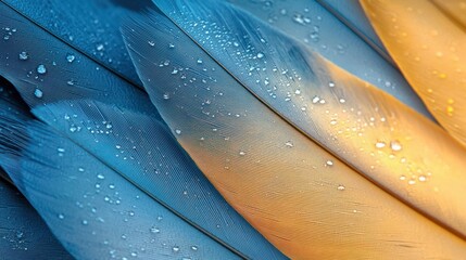 Obraz premium Close-up of colorful feathers with droplets, showcasing texture and vibrant hues.
