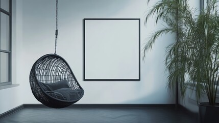 modern interior design with a black hanging chair and an empty white poster mockup on the wall, in Scandinavian style, contemporary home decor, cozy room interior design.