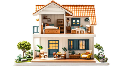 Charming dollhouse with intricate details and vibrant colors in a cozy setting isolated on transparent background