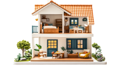 Charming dollhouse with intricate details and vibrant colors in a cozy setting isolated on transparent background