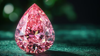 A sparkling pink teardrop-shaped gemstone glistens against a softly lit background.