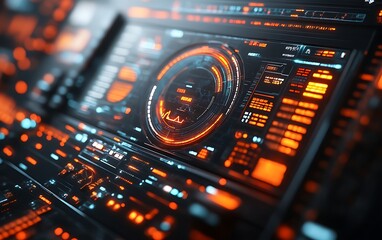 Futuristic tech interface with glowing orange and blue HUD.