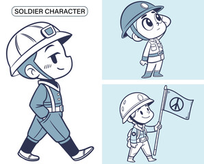 A cartoon soldier character is walking with a peace flag