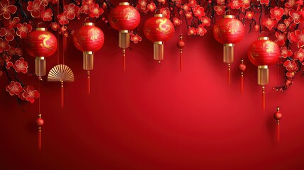 A festive arrangement of red lanterns and flowers on a vibrant red background.