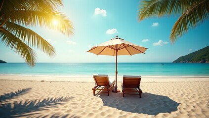 Obraz premium Beautiful Beach with Palm Trees for Tourism, Wellness, Holidays, and Travel