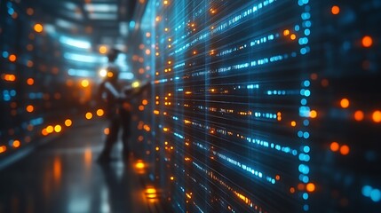 Technician working in a server room with glowing data streams.