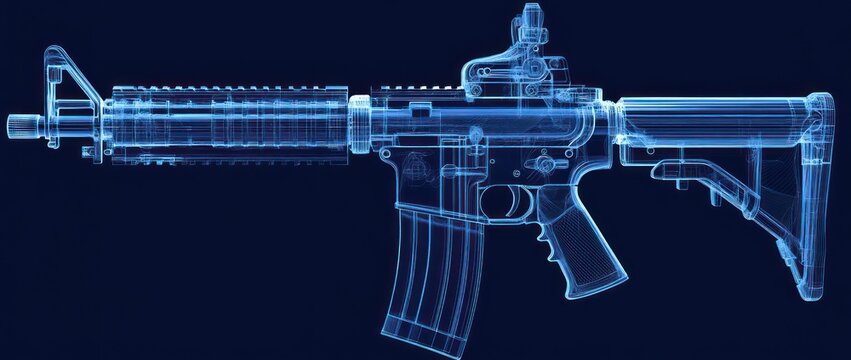3D X-ray style rendering of an M4 rifle, set against a dark blue background with a white wireframe.