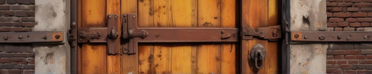 Ruined door with rusted hinges and broken lock, cracked glass panes, broken windows