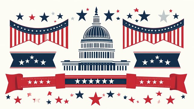 Capitol Building and Patriotic Symbols Icon Set , Presidents' Day 