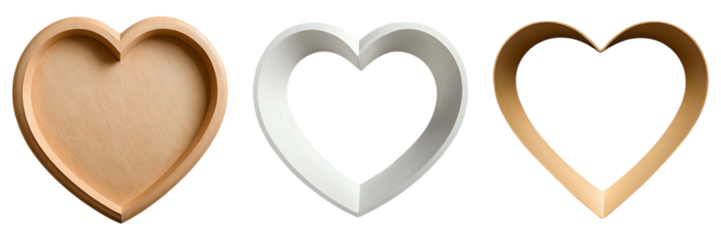 Set of 3 Wooden and Metallic Heart Frames Collection - Gold, Silver, Bronze Border Design for Wedding Cards and Valentine's Day Graphics