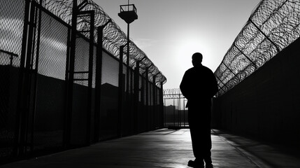 Man's silhouette inside prison on a black and white