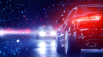 Police car chasing a car at night with a foggy background, capturing a thrilling moment of a high-speed pursuit under dramatic lighting and intense atmosphere.
