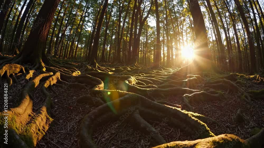 Poster forest with sunlight filtering through trees and mossy roots, nature and tranquility concept