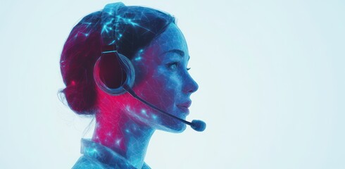 Abstract concept of virtual human as customer service agent with low poly style headset on white background.