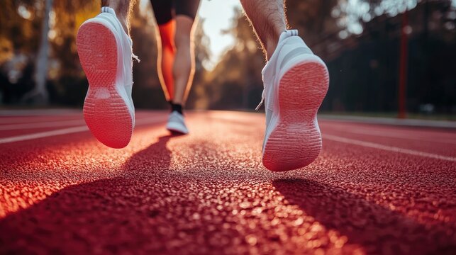 The runer runs on a red rubber running track, starting off using the starting block. Sports.Sprinter Leave the default block to track work. Young couple running on the road running for exercise.