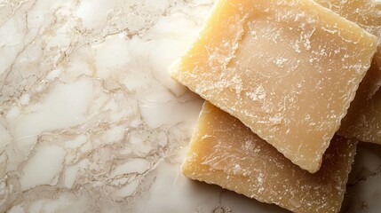 Obraz premium A close-up of several pieces of pale, textured soap on a marble surface.