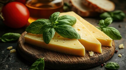 A wooden board with cheese slices, fresh basil, and a side of honey and tomatoes.