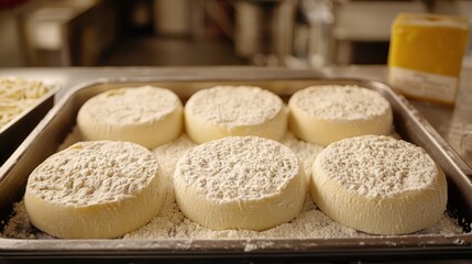 Fototapeta premium Freshly made cheese rounds dusted with flour, ready for aging or processing.