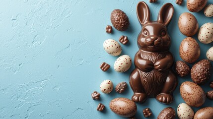 A collection of chocolate Easter treats, including a bunny and various eggs on a blue background.