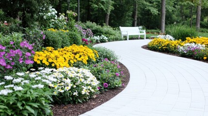 Obraz premium Curved stone pathway winding through a beautifully landscaped garden with colorful flower beds and a white bench under bright daylight.