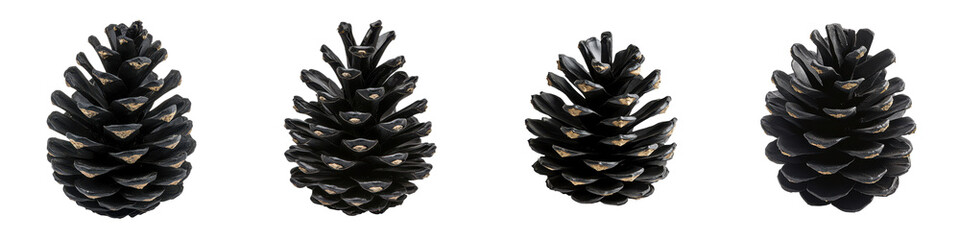 Closeup view of several natural pine cones in various sizes and shapes arranged on a plain background  The pine cones have a rich brown woody texture and pattern