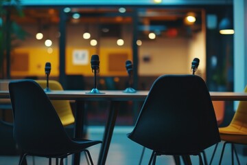 Conference Room Setup: Microphones on Table with Empty Chairs